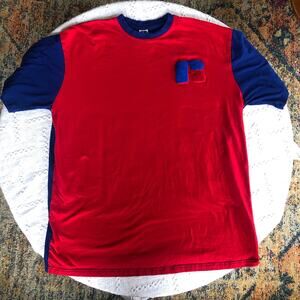 VTG 90s Russell Athletic Red Blue Color Block T-Shirt 2XLT 3D Logo Single Stitch